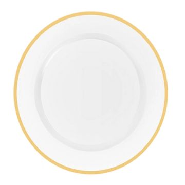 White decorative charger plate with gold edge. 