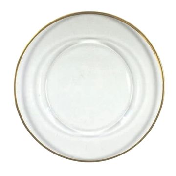 Decorative charger plate, clear with gold edge. 