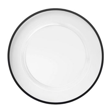 Clear decorative charger plate with black lined edge. 