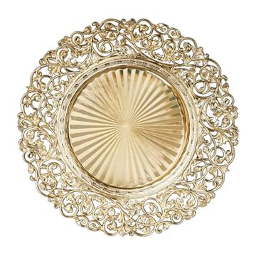 Decorative charger plate in gold with carved borders.