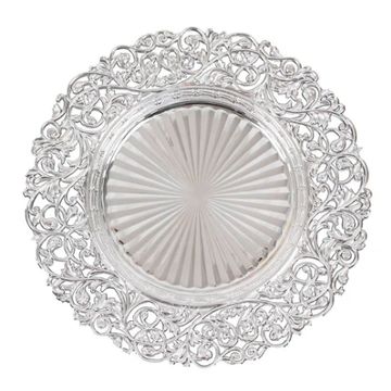 Decorative charger plate in silver with carved borders.