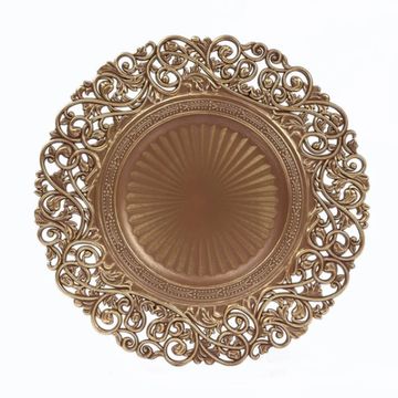Decorative charger plate in brown with carved borders.