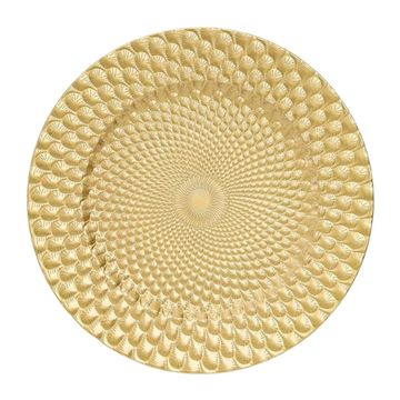 Gold decorative charger plate with peacock feather pattern. 
