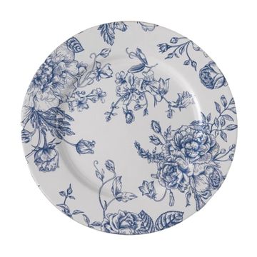 Decorative charger plate with blue and white french toile pattern. 