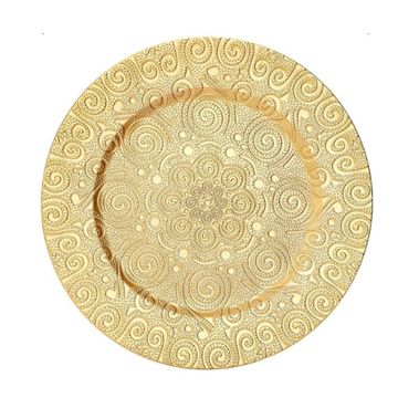 Gold decorative charger plate with gold phoenix pattern.
