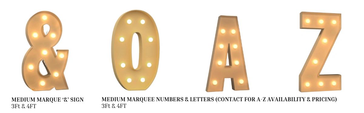 Medium marque numbers, letters and & sign approximately 3 to 4 feet for rent upon availability.
