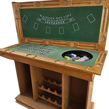 Green rectangular gaming table with wooden base and storage for wine below.