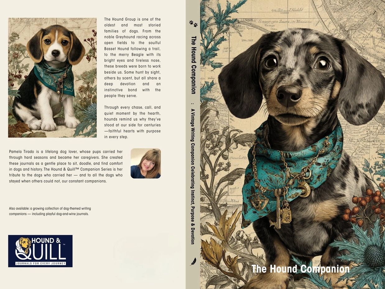 Vintage-style  notebook cover featuring dogs of the AKC Hound Group, from The Hound & Quill™ 