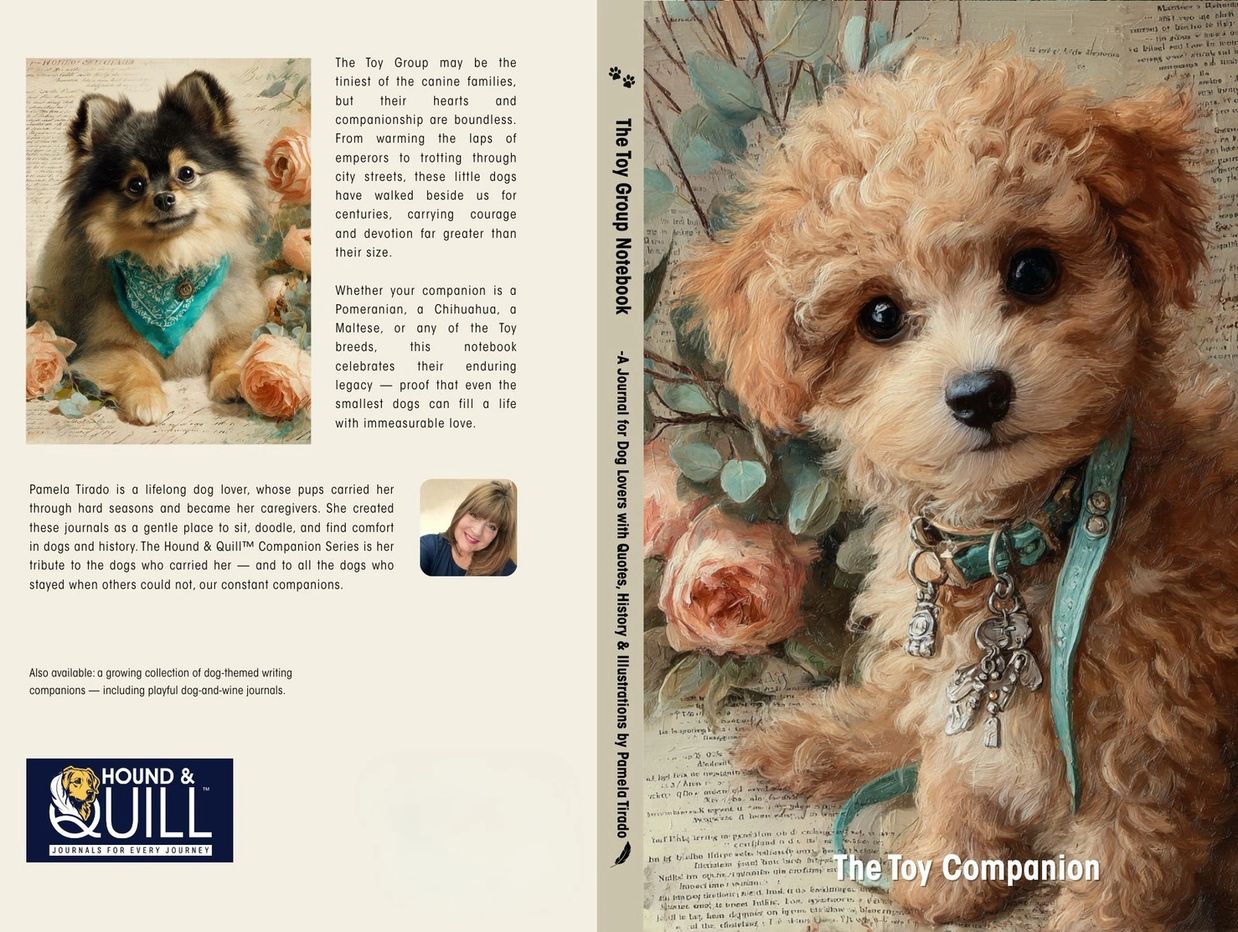 Vintage illustrated notebook cover featuring dogs of the AKC Toy Group, from The Hound & Quill™ 