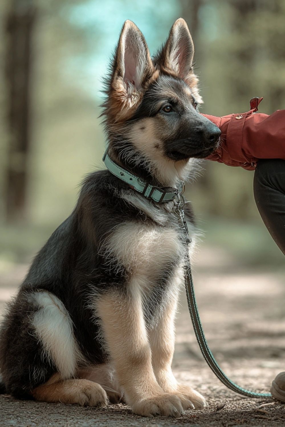 A  German Shepherd puppy outside with his owner looking in the distance watching and alert.