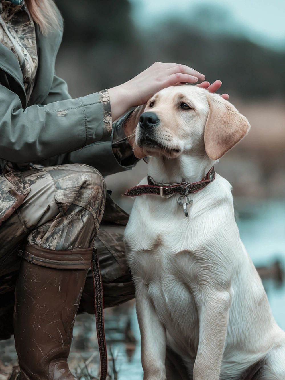 A Yellow Labrador dog field work by a marsh with his owner.