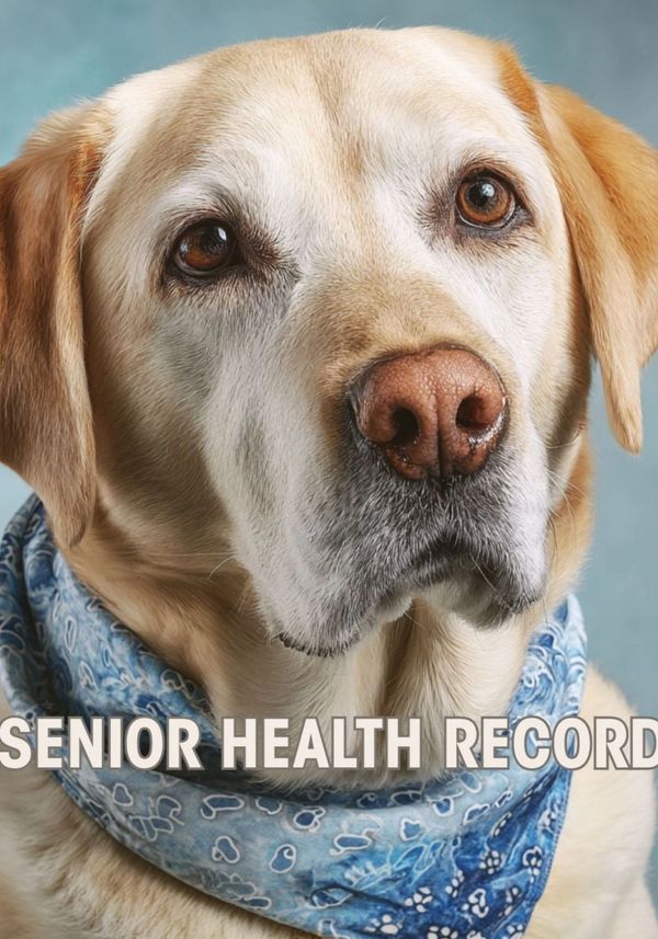 Close-up of a senior Labrador wearing a blue bandana.