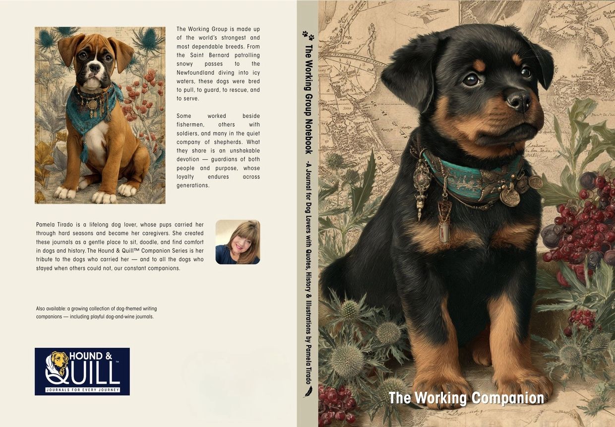 Vintage illustrated notebook cover featuring dogs of the AKC Working Group, from The Hound & Quill™ 