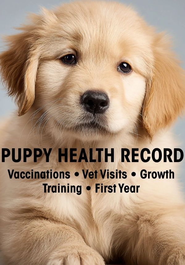 Adorable golden retriever puppy with puppy health record text overlay.
