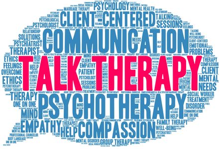 Word cloud focused on talk therapy and psychotherapy.