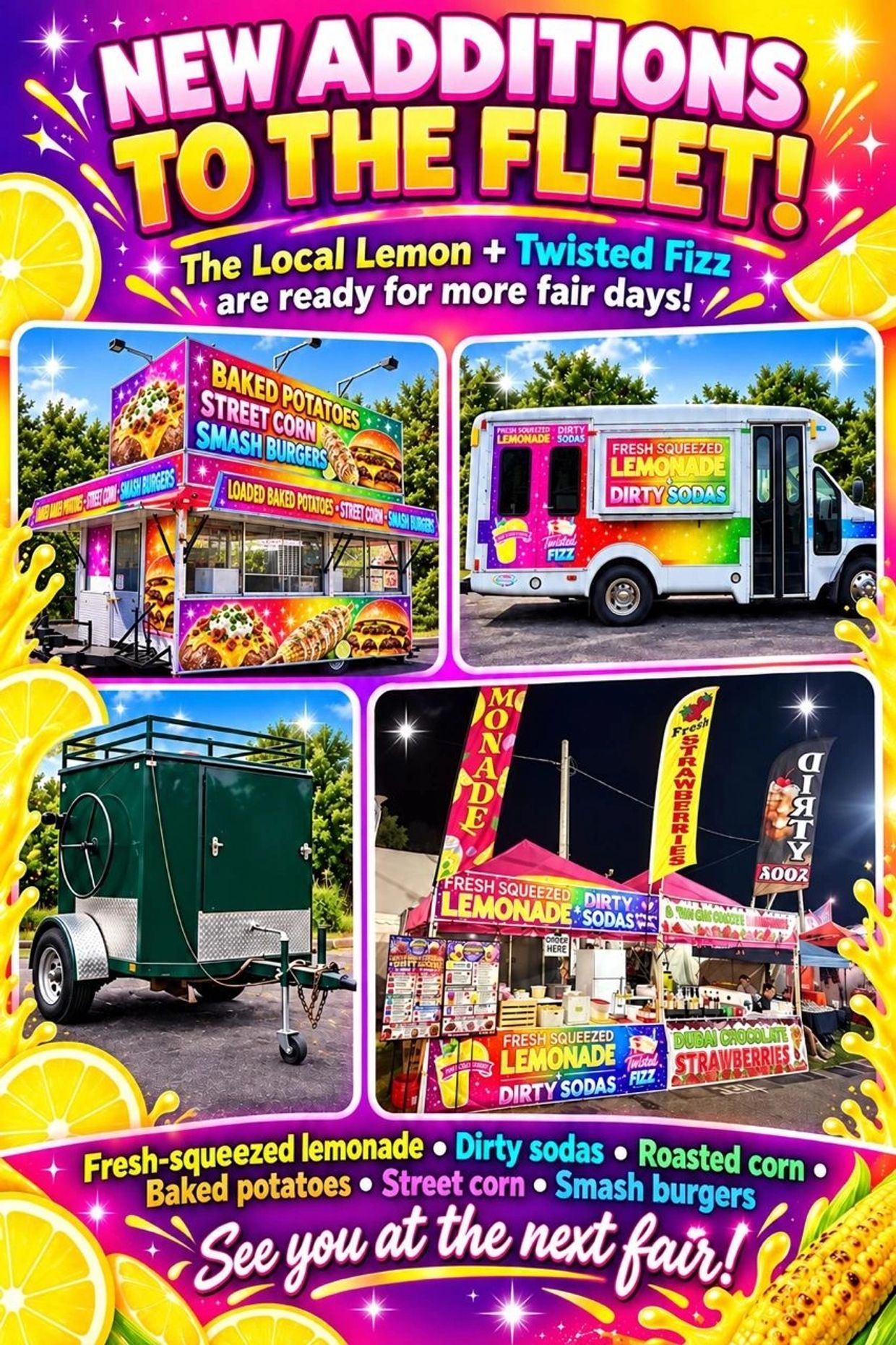 Announcement of new fair food additions featuring lemonade, sodas, and grilled items.