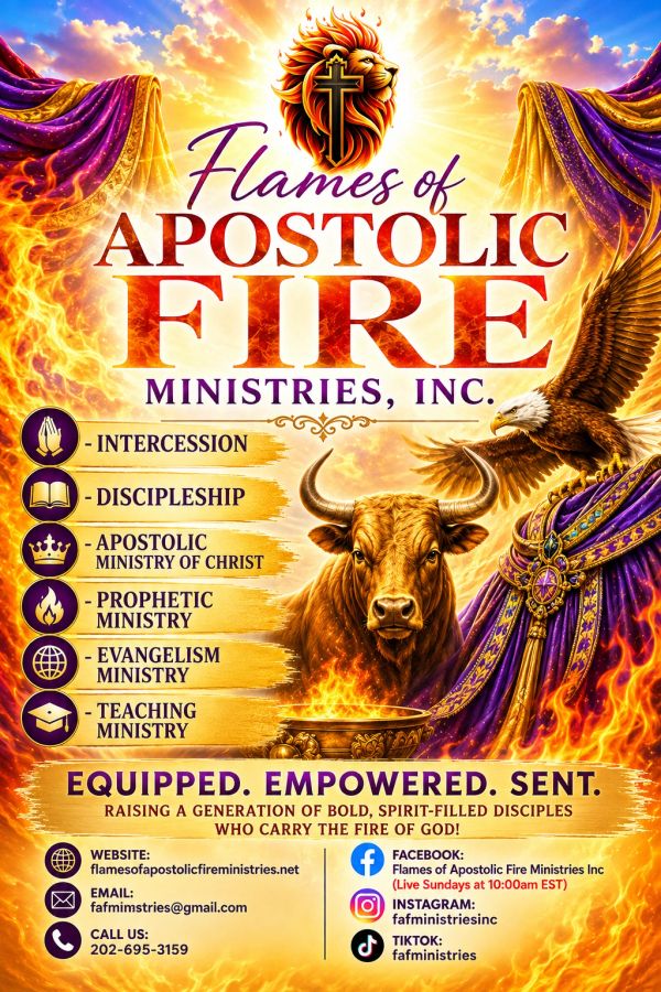 Flames of Apostolic Fire Ministries promoting bold, spirit-filled disciples.
