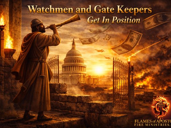 Watchman blowing a horn near a gate with the Capitol in the background.