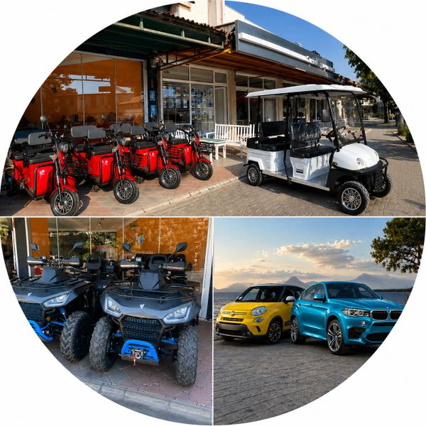 Various vehicles including red scooters, a white golf cart, black ATVs, and two colorful cars.