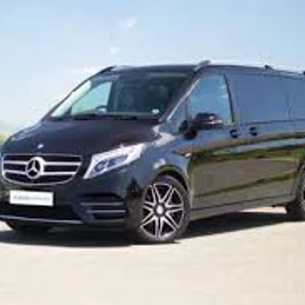 Black Mercedes-Benz luxury van parked on a sunny day.