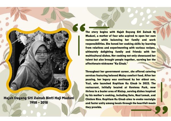Portrait of Hajah Dayang Siti Zainab with her inspiring cooking legacy and family story.