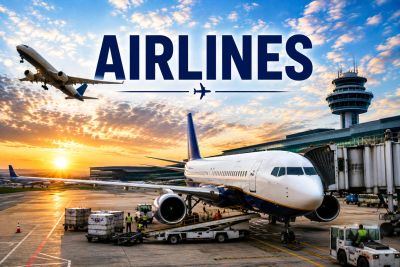 Airlines and airplanes at a busy airport at sunset.