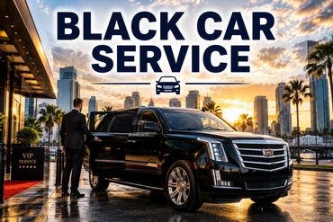 Black luxury car service at sunset in a city.