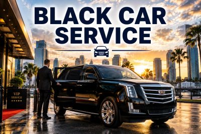 Luxury black car service with chauffeur at sunset.