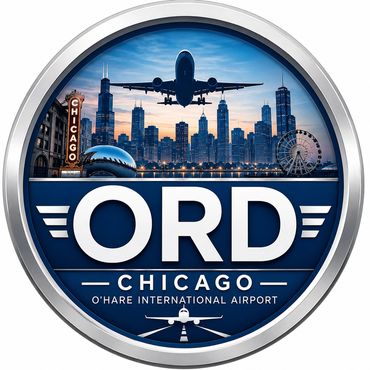 Chicago O'Hare International Airport logo with city skyline and airplane.