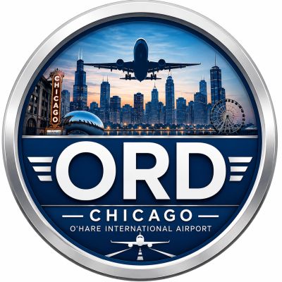 ORD Chicago O'Hare International Airport logo with airplane and city skyline.