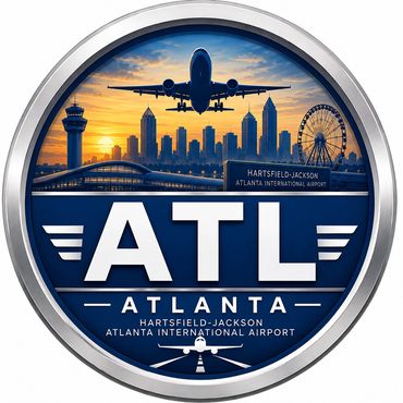 ATL Atlanta airport logo with city skyline and airplane.