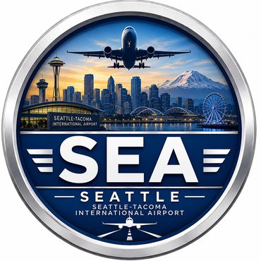 Logo of Seattle-Tacoma International Airport with city skyline and airplane.
