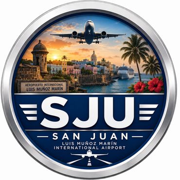Logo of San Juan Luis Muñoz Marín International Airport with airplane and cityscape.