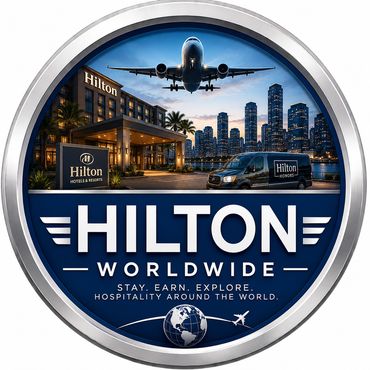 Hilton Worldwide logo with cityscape and airplane.