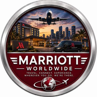 Marriott Worldwide logo with cityscape and airplane.