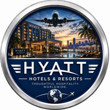 Hyatt Hotels &amp; Resorts logo with an airplane and cityscape.