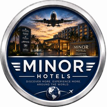 Emblem of Minor Hotels with an airplane and hotel at sunset.