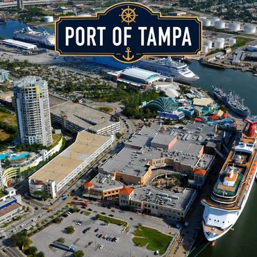 Aerial view of Port of Tampa with cruise ships docked.