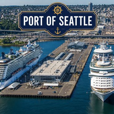 Aerial view of cruise ships docked at the Port of Seattle.
