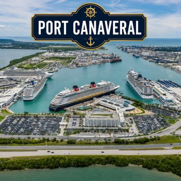 Aerial view of Port Canaveral with cruise ships docked.