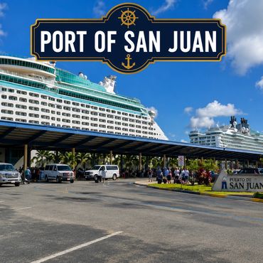 Cruise ships docked at Port of San Juan with visitors nearby.