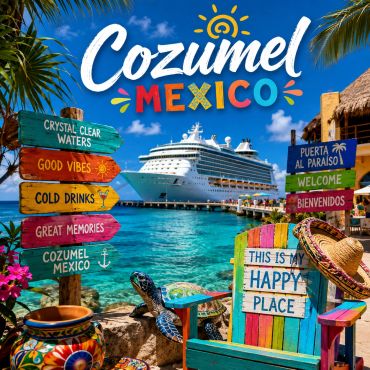 Colorful Cozumel beach scene with cruise ship and vibrant signs.