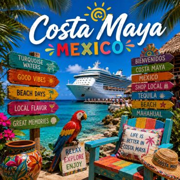 Colorful Costa Maya Mexican cruise scene with parrot and welcome signs.
