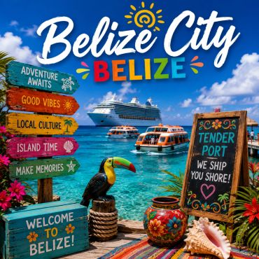 Colorful Belize City with signs, a toucan, and cruise ships.