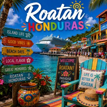 Vibrant Roatan, Honduras with a cruise ship and colorful signs.