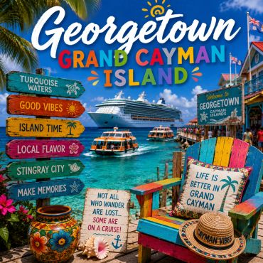 Colorful tourism sign and cruise ships in Grand Cayman, Georgetown.