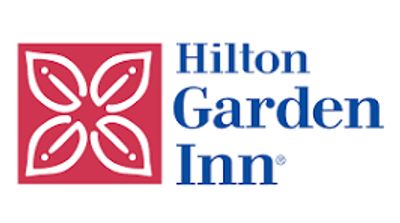 Hilton Garden Inn logo with red floral design.