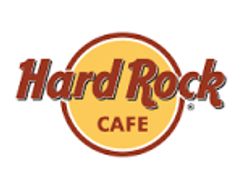 Hard Rock Cafe logo with bold text and circular design.