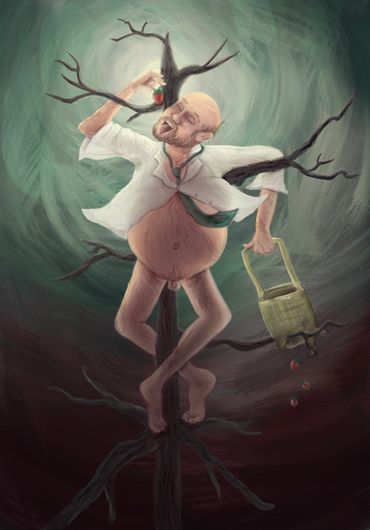 Surreal image of a man entangled in a tree, plucking apples with a basket.