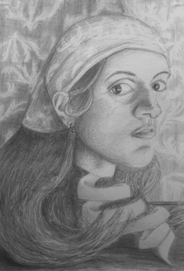 Pencil sketch of a woman wearing a headscarf and looking sideways.